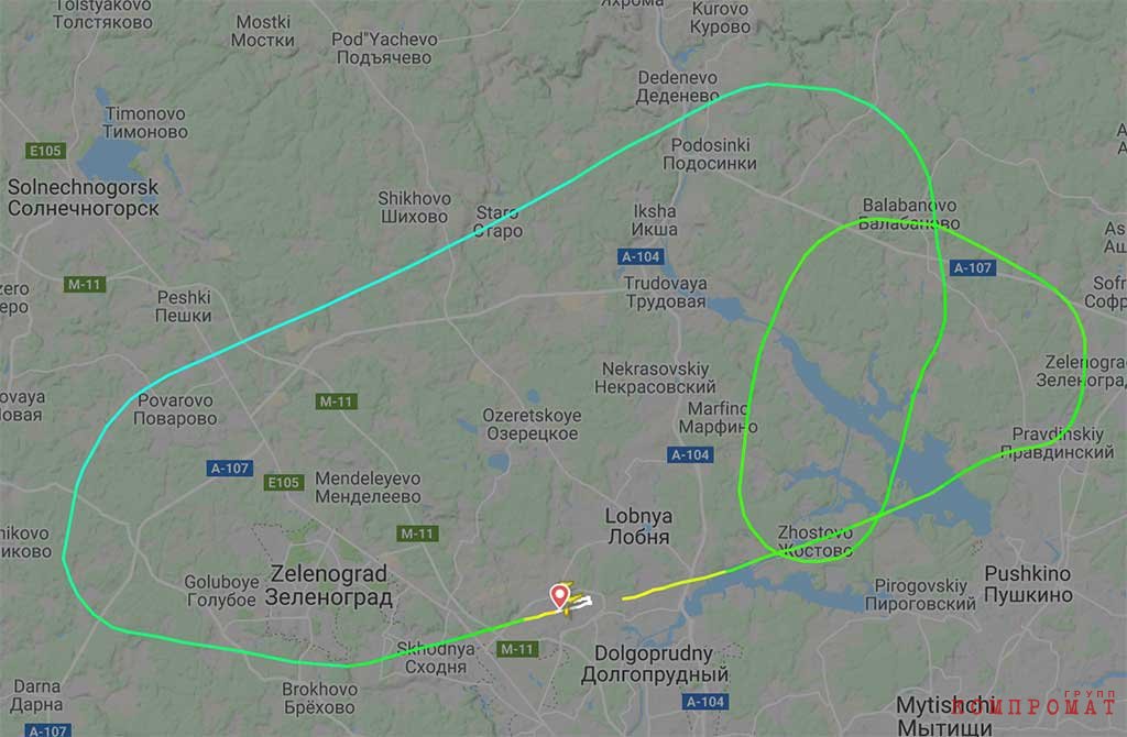 Траектория полета борта RA-89098 по данным flightradar24